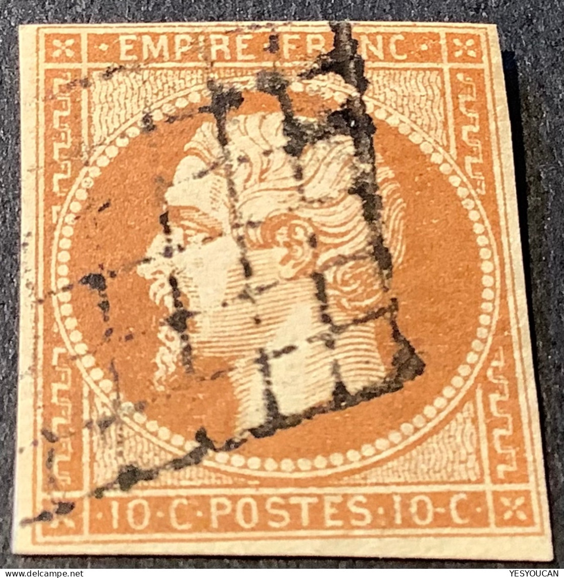 YT.13Ab Obl GRILLE ! TB, 1853 Empire Napoléon III, Non Dentelé 10c Type I Bistre-orange (better Postmark VF - 1853-1860 Napoleon III