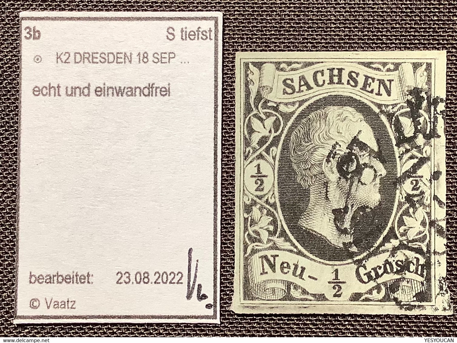 Sachsen Mi 3b: 1851 König August 1/2 Ngr Mattgrünlichgrau DRESDEN Gepr. Vaatz BPP (Saxe XF Saxony - Saxony