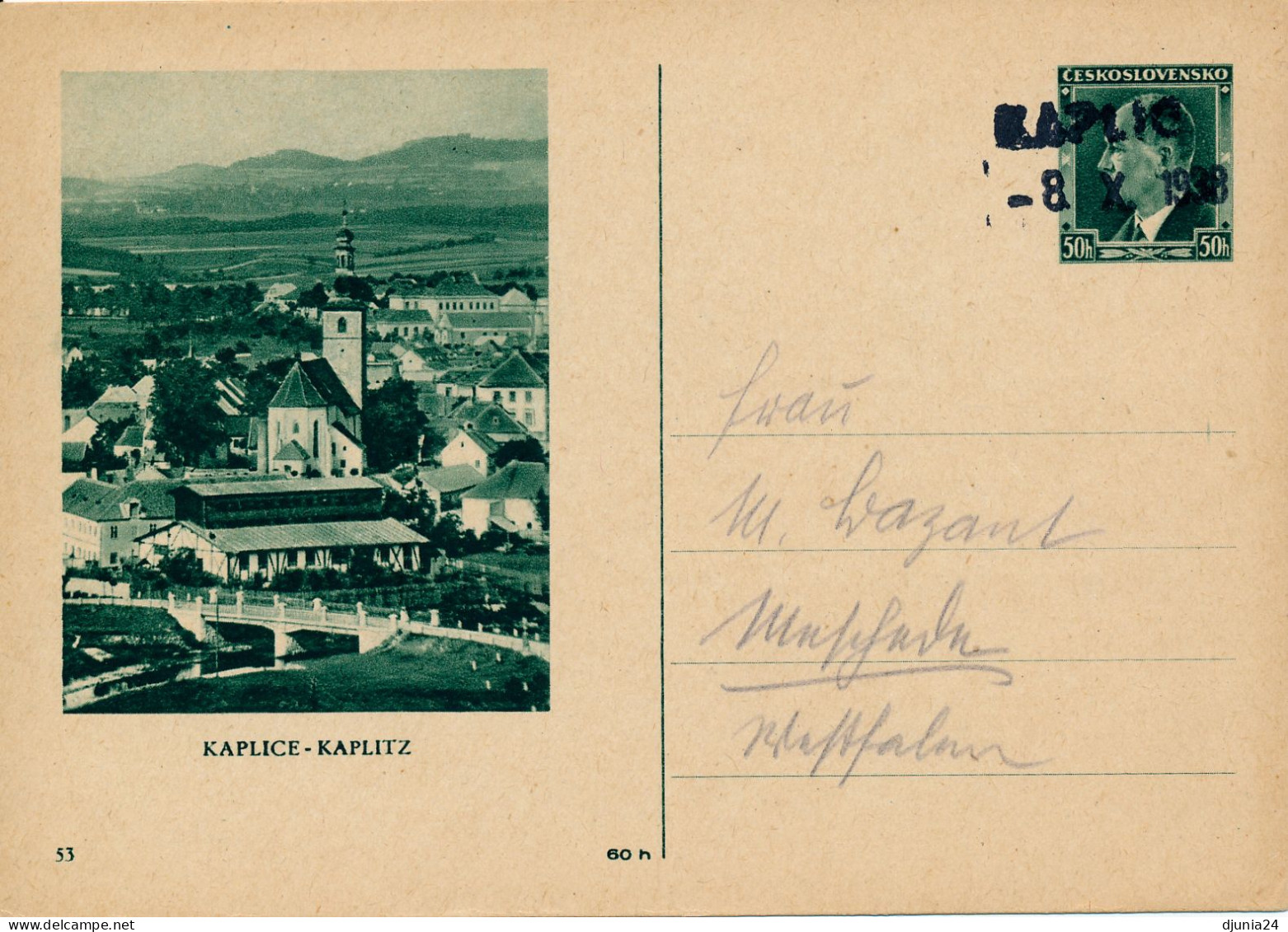 BF0184 / CSSR  -  KAPLICE -  8.X.1938  ,  Bildpostkarte Kaplitz Benutzt Nach Besetzung Durch 3. Reich - Postales