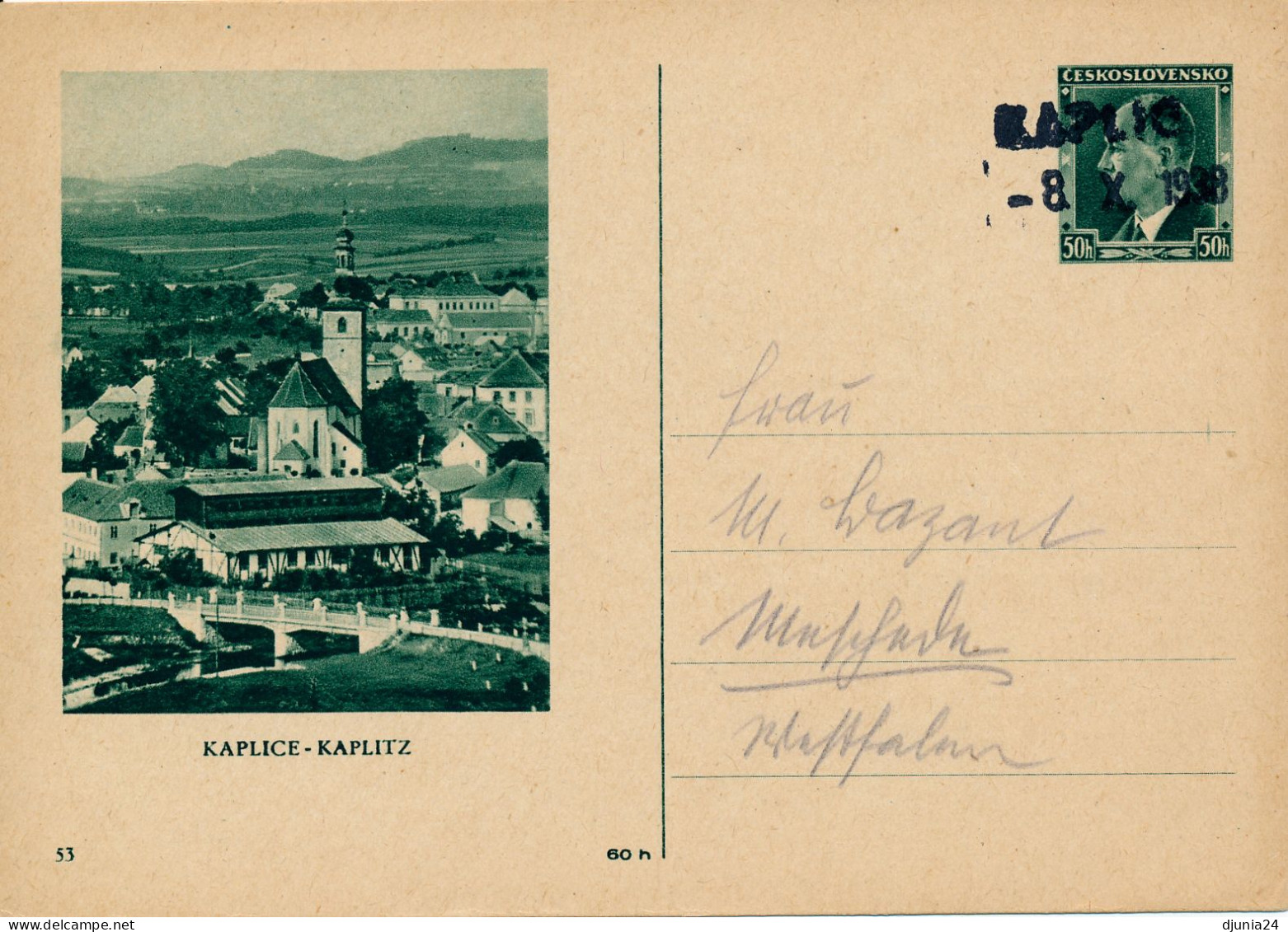 BF0184 / CSSR  -  KAPLICE -  8.X.1938  ,  Bildpostkarte Kaplitz Benutzt Nach Besetzung Durch 3. Reich - Cartoline Postali