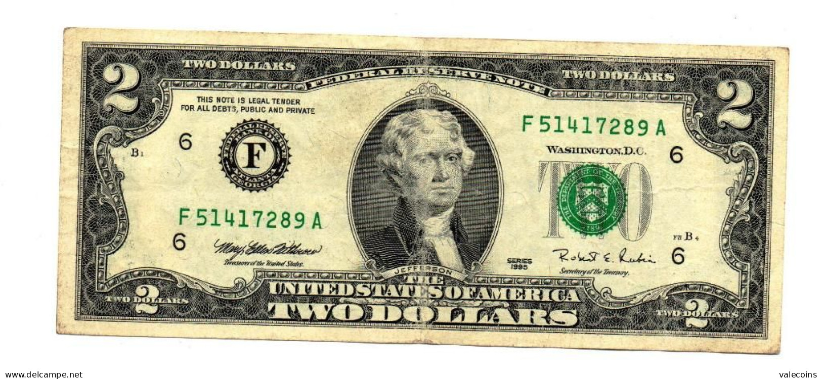 USA UNITED STATES - 1995 F - 2 Dollars - P. 497 - Circulated        MyRef:AME - Bilglietti Della Riserva Federale (1928-...)