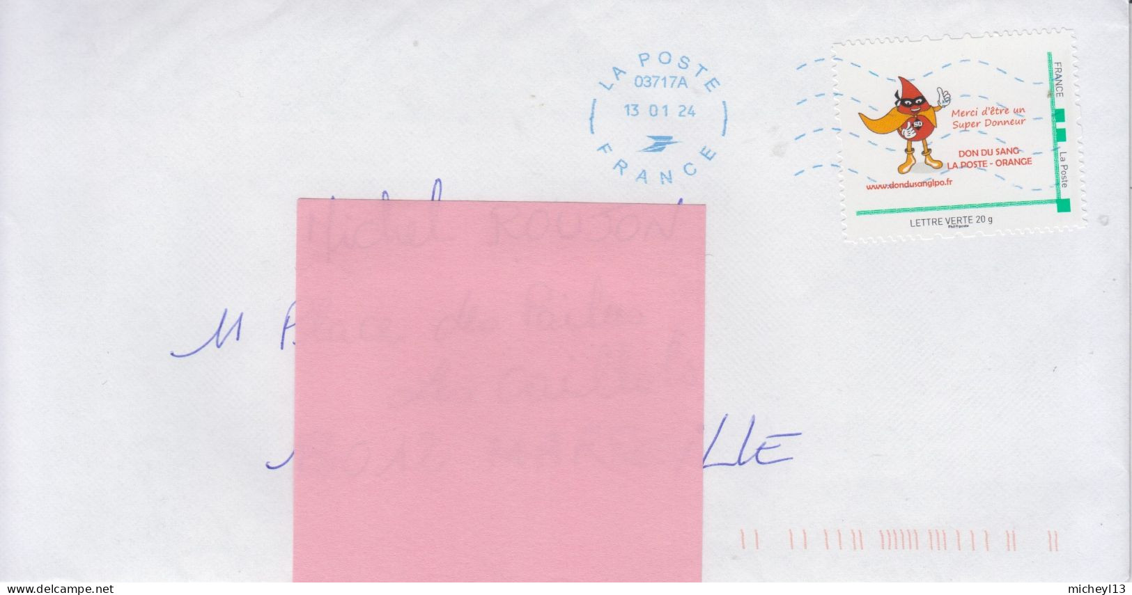 France-Montimbre à Moi-Lettre Verte 20g-Don Du Sang-La Poste Orange - Lettres & Documents