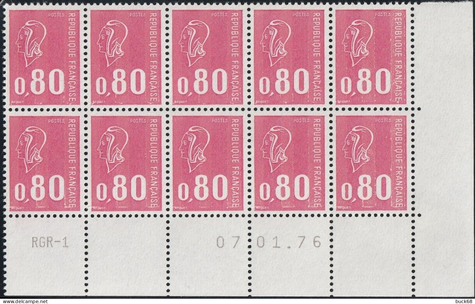 FRANCE 1816 ** MNH Type Marianne De Béquet Bloc De 10 Coin Daté Du 07.01.76 Janvier 1976 + Mention RGR-1 - 1970-1979