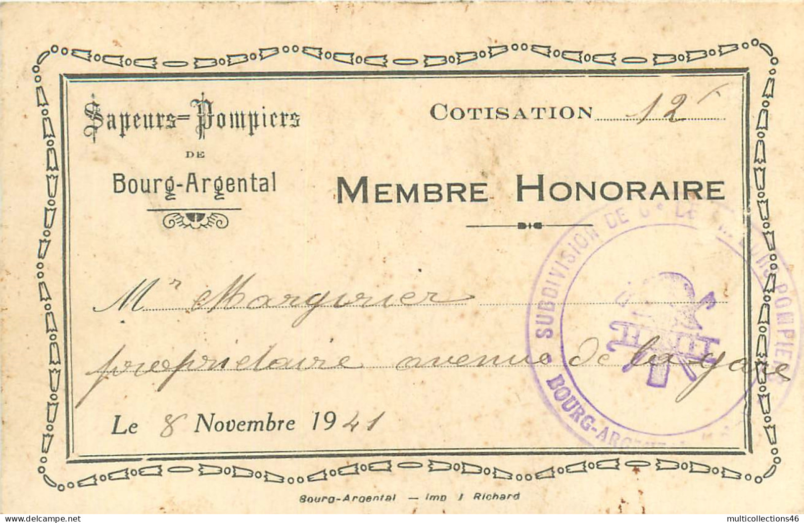 160124 - CARTE MEMBRE SAPEURS POMPIERS 1941 BOURG ARGENTAL - Bourg Argental