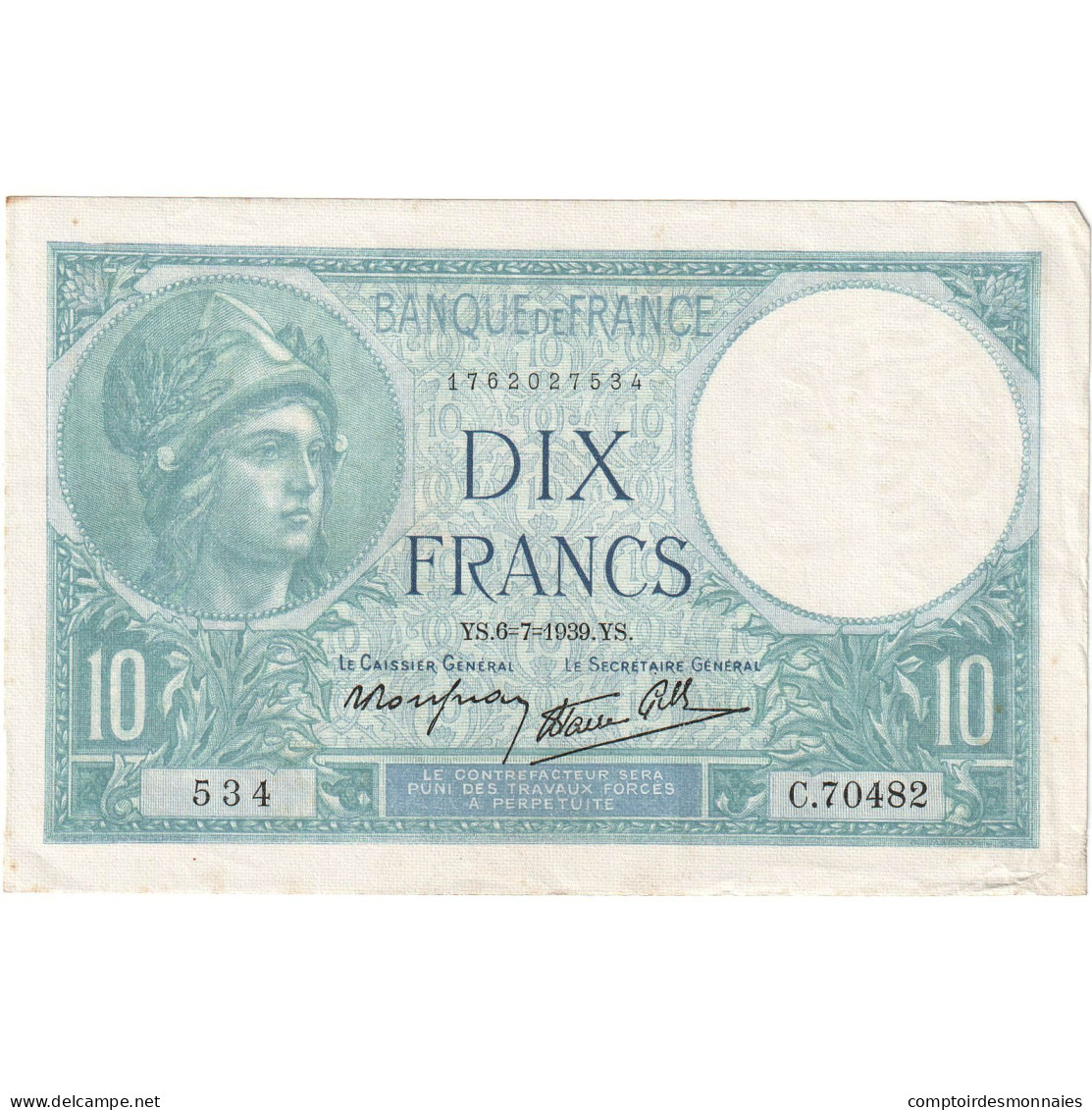 France, 10 Francs, Minerve, 1939, C.70482, SUP, Fayette:7.4, KM:84 - 10 F 1916-1942 ''Minerve''