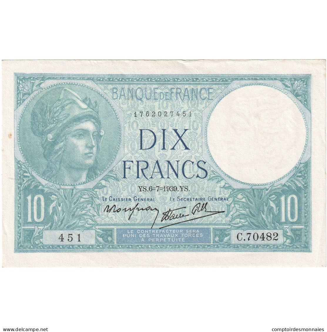 France, 10 Francs, Minerve, 1939, C.70482, SPL, Fayette:7.4, KM:84 - 10 F 1916-1942 ''Minerve''