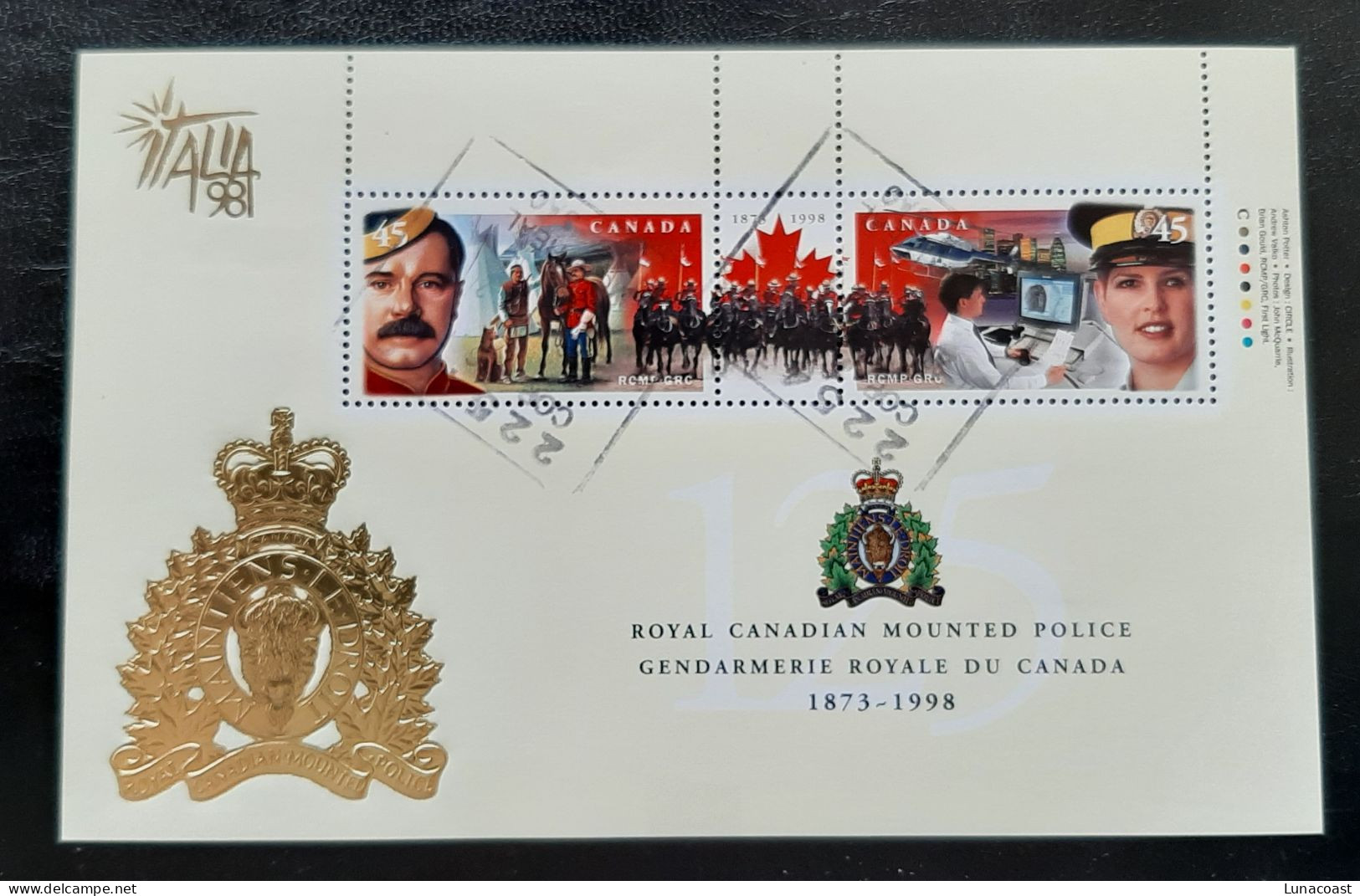 Canada 1998  USED  Sc 1737e    90c  Souvenir Sheet, RCMP Anniversary With ITALIA 98 Emblem - Oblitérés