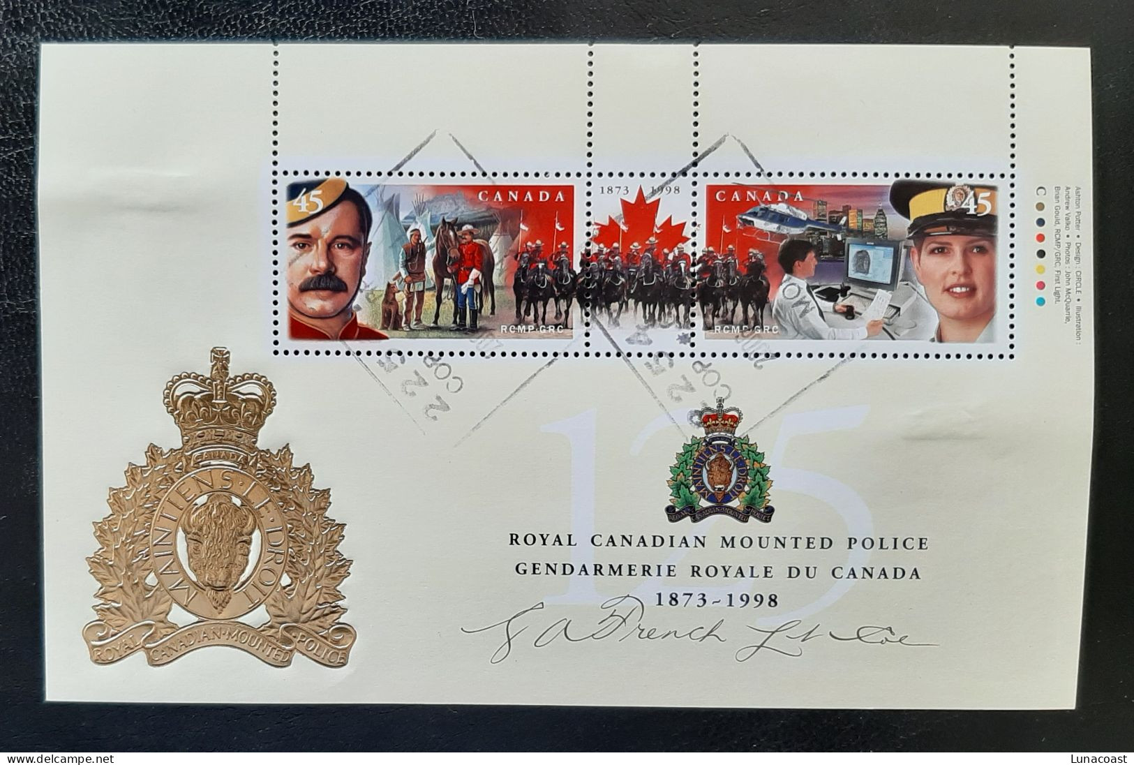 Canada 1998  USED  Sc 1737c    90c  Souvenir Sheet, RCMP Anniversary With Signature - Usados