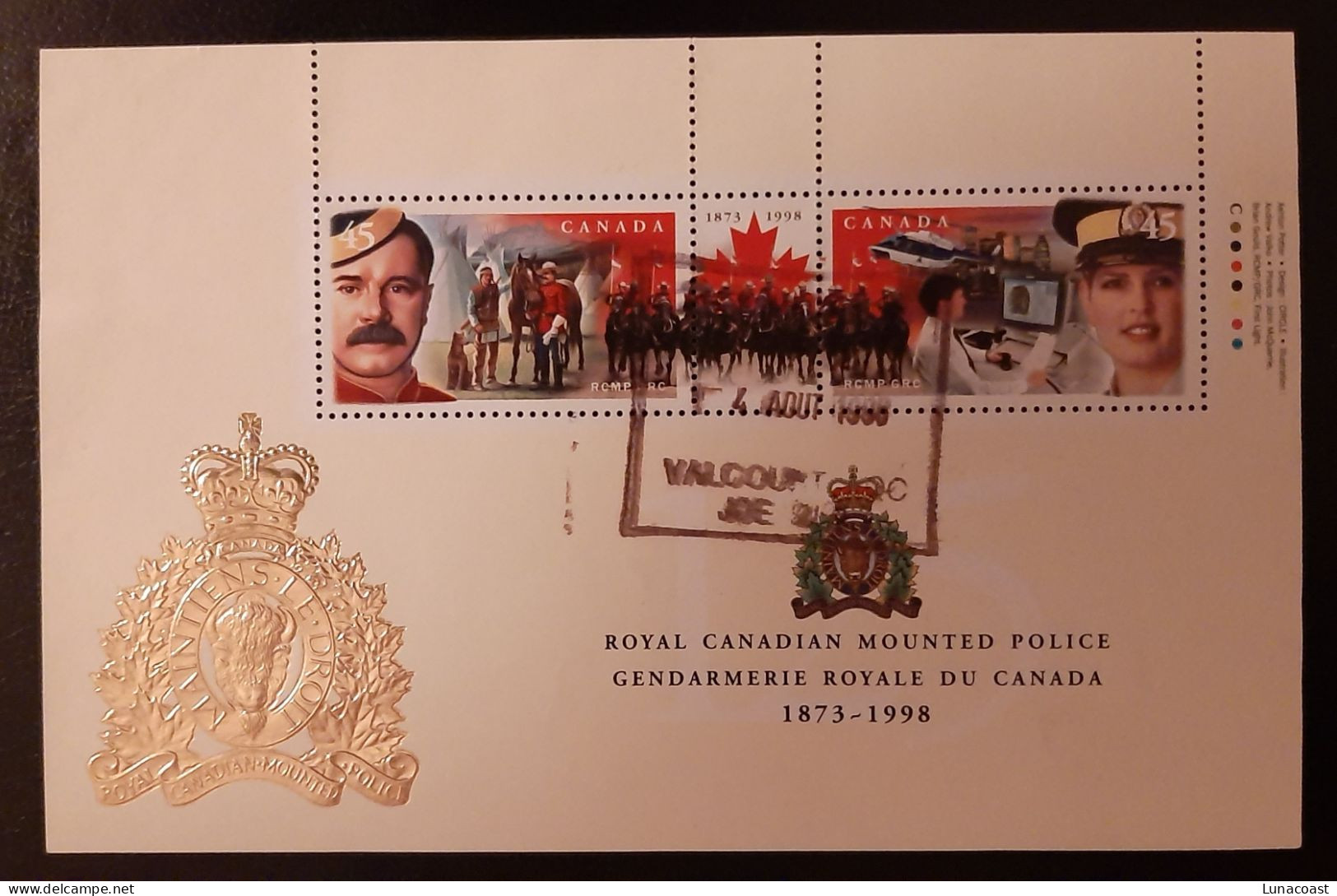 Canada 1998  USED  Sc 1737b    90c  Souvenir Sheet, RCMP Anniversary - Oblitérés