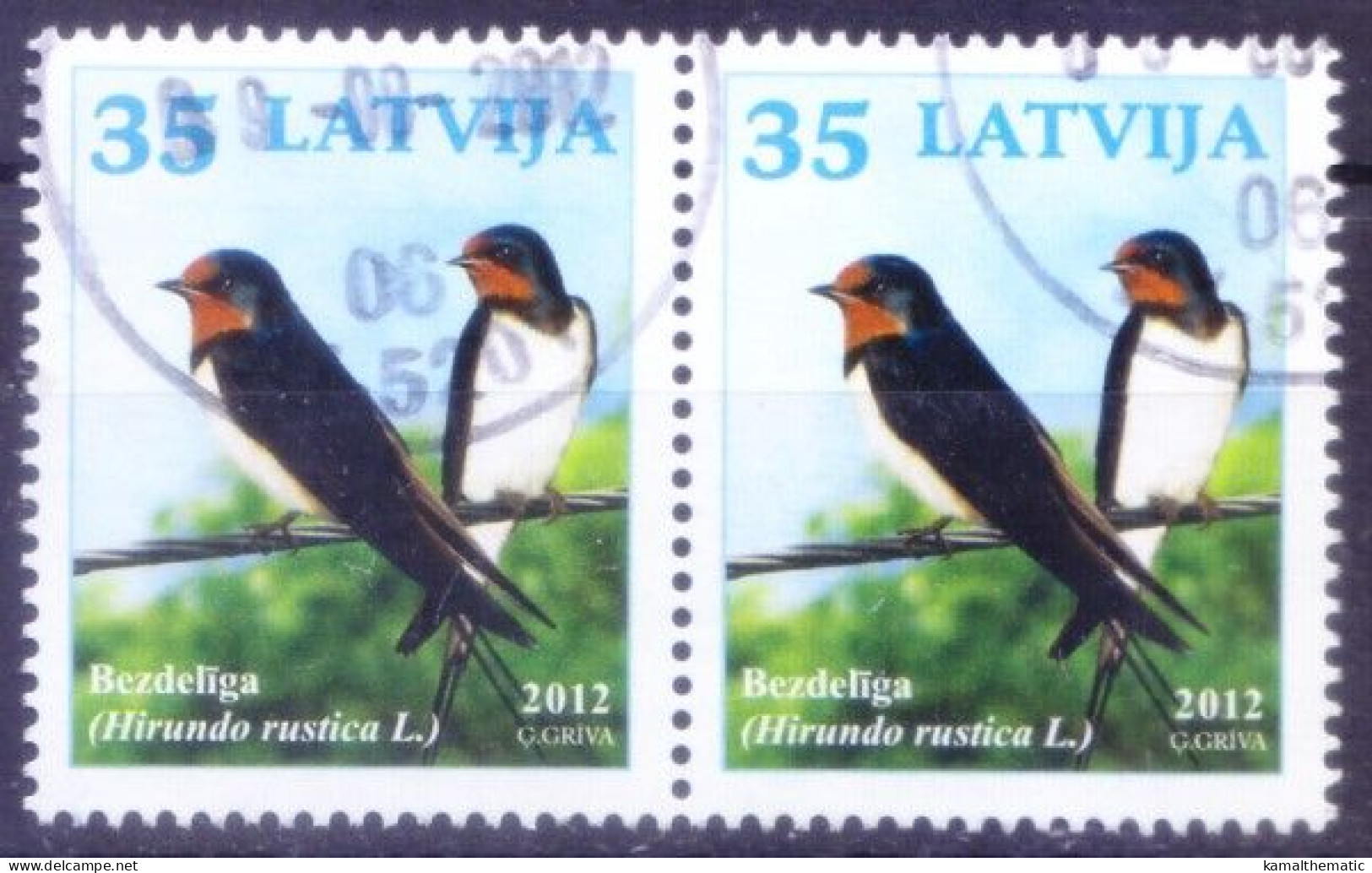 Latvia 2012 Fine Used Pair, Barn Swallow (Hirundo Rustica), Birds - Swallows