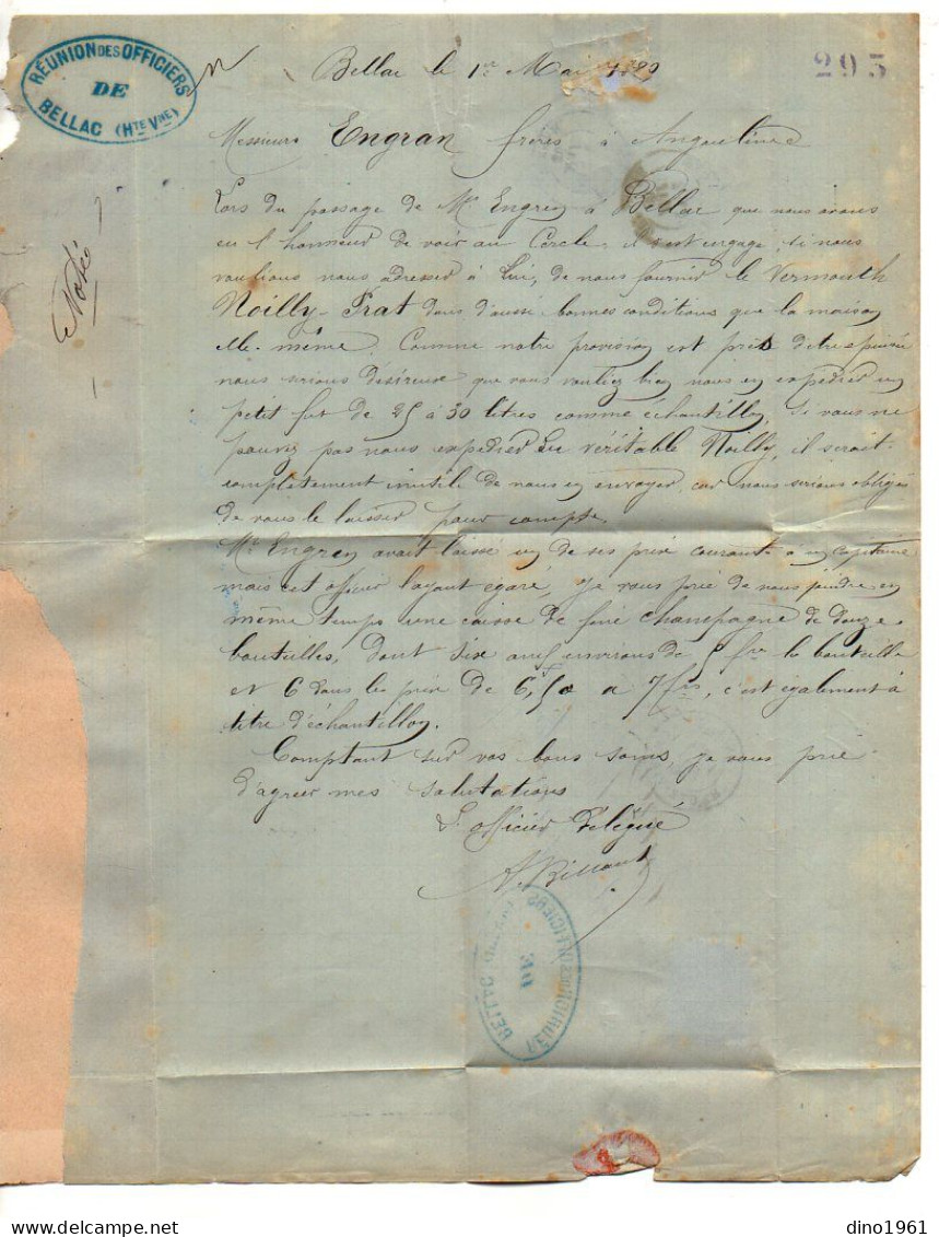 VP22.928 - MILITARIA - 1880 - Lettre - Réunion Des Officiers ( Cercle ) De BELLAC Pour M. ENGRAN Frères à ANGOULEME - Documentos