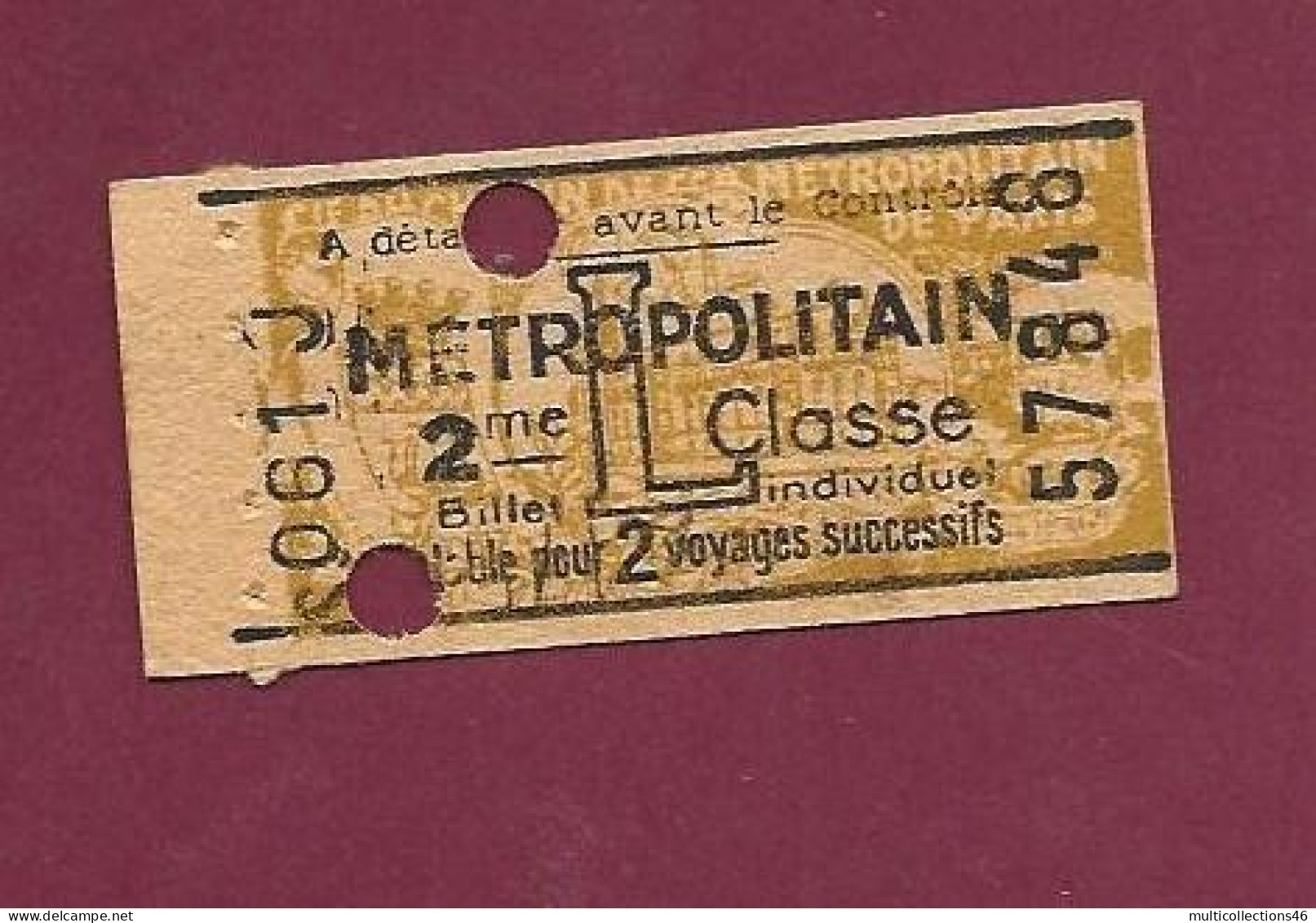 160124A - TICKET Billet METROPOLITAIN 2me Classe N°57848 Pub Bien Rasé Lame RB 2 Voyages Successifs - Europa