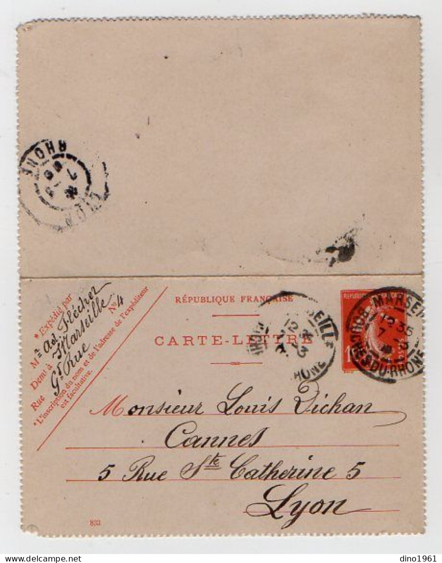 TB 4553 - 1909 - Entier Postal / Carte - Lettre / M. FLECHER à MARSEILLE Pour M. DICHAN, Fabricant De Cannes à LYON - Kaartbrieven