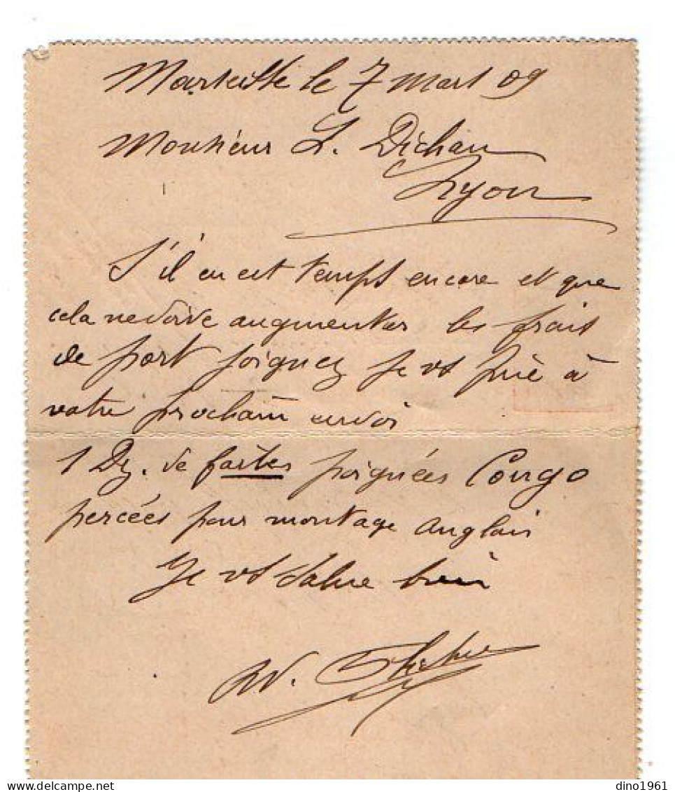 TB 4553 - 1909 - Entier Postal / Carte - Lettre / M. FLECHER à MARSEILLE Pour M. DICHAN, Fabricant De Cannes à LYON - Kaartbrieven