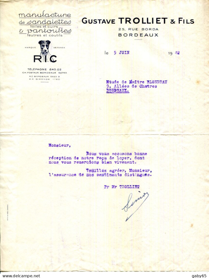 FACTURE.33.BORDEAUX.MANUFACTURE DE SANDALETTES & PANTOUFLES " RIC ".GUSTAVE TROLLIET & FILS 25 RUE BORDA. - Textile & Vestimentaire