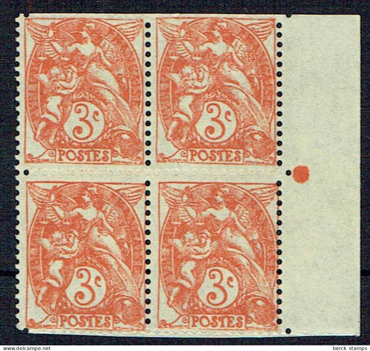 FRANCE - N° 109 - TYPE BLANC - 3 C Rouge - Dentelure NON Perforée Horizontalement En Bloc De 4 Bord De Feuille. LUXE - Unused Stamps