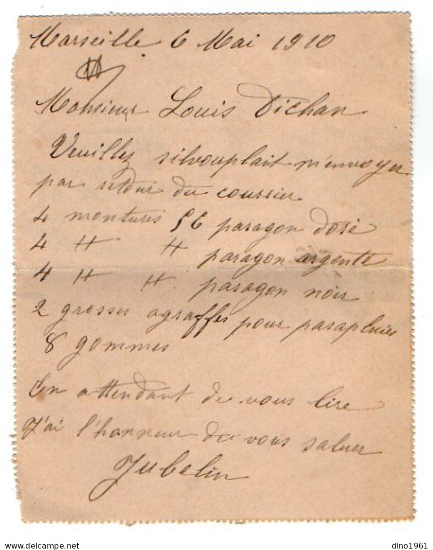 TB 4554 - 1910 - Entier Postal / Carte - Lettre / Parapluies, Ombrelles M. P. JUBELIN à MARSEILLE Pour M. DICHAN à LYON - Cartes-lettres