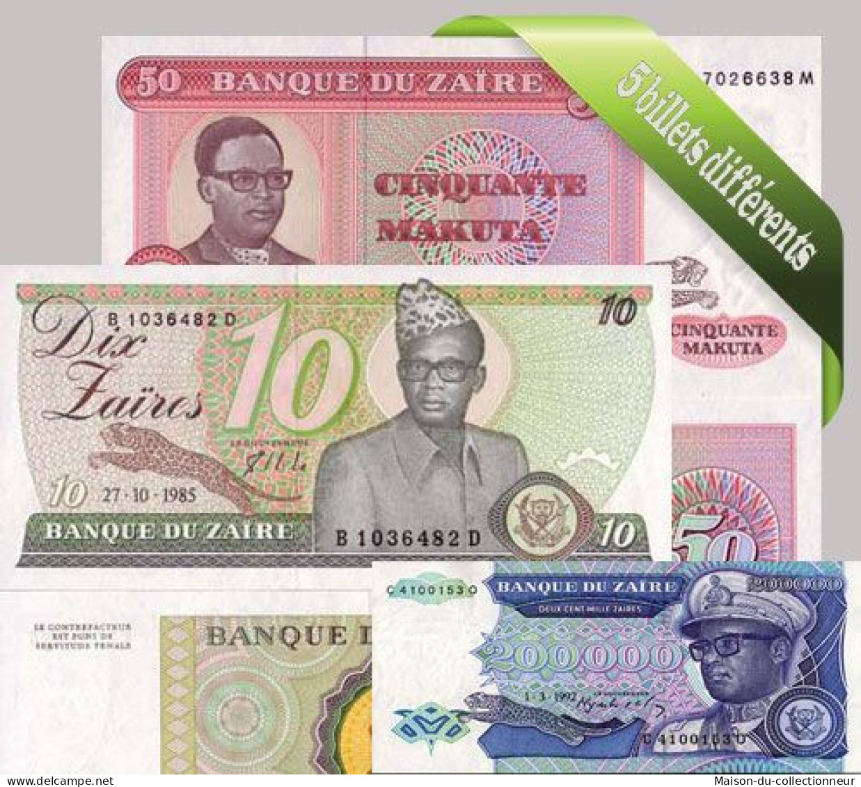 Zaire : Bel Ensemble De 5 Billets De Banque De Collection. - Zaire