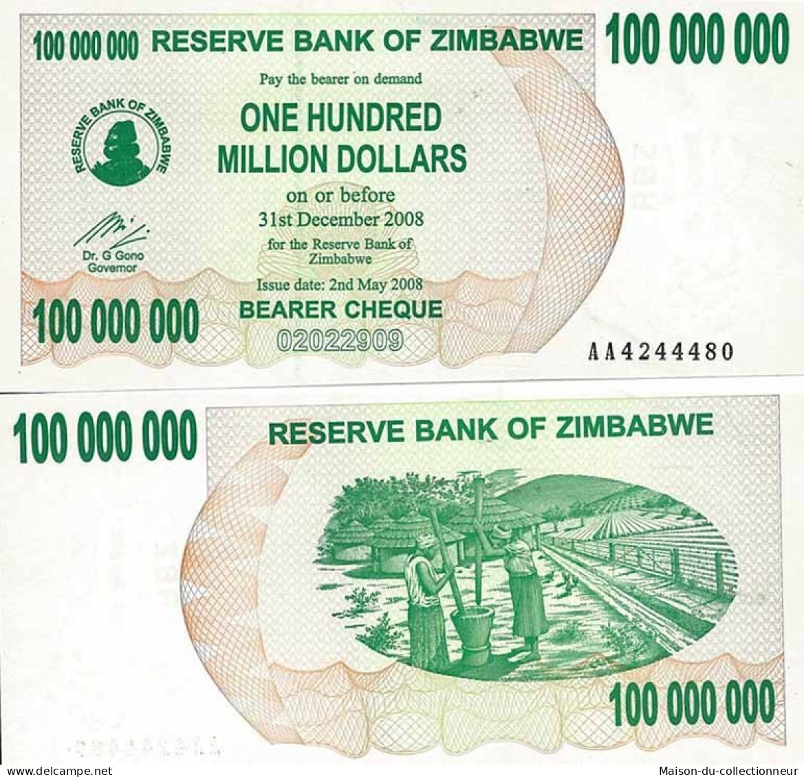 Billets De Collection Zimbabwe Pk N° 58 - 100 Millions Dollars Bearer - Simbabwe