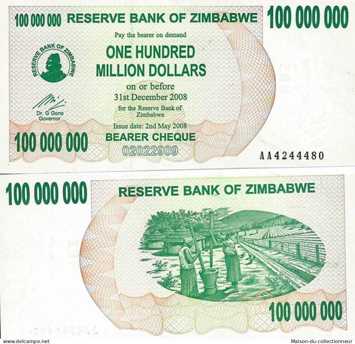 Billets De Collection Zimbabwe Pk N° 58 - 100 Millions Dollars Bearer - Zimbabwe