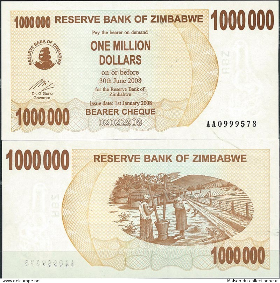 Billets De Collection Zimbabwe Pk N° 53 - 1 Millions Dollars Bearer - Zimbabwe