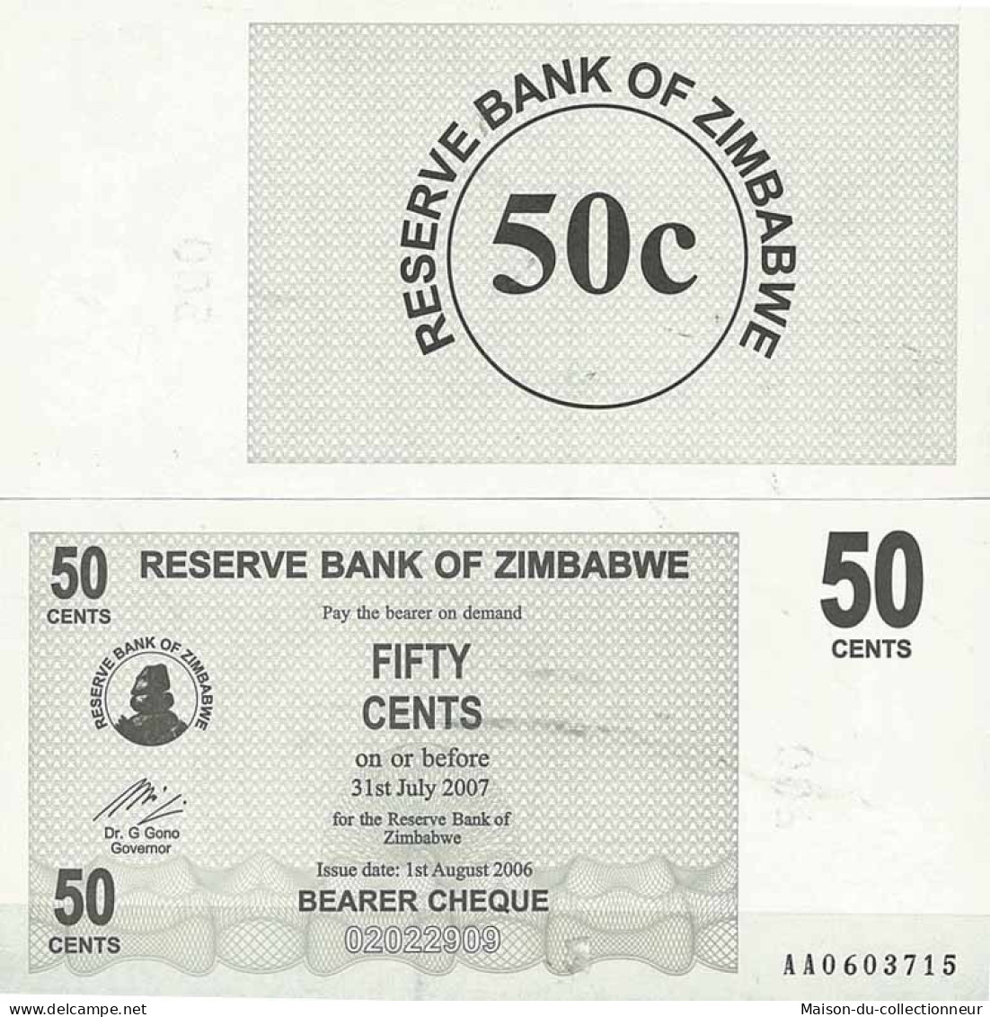 Billets De Collection Zimbabwe Pk N° 36 - 50 Cents Bearer - Simbabwe