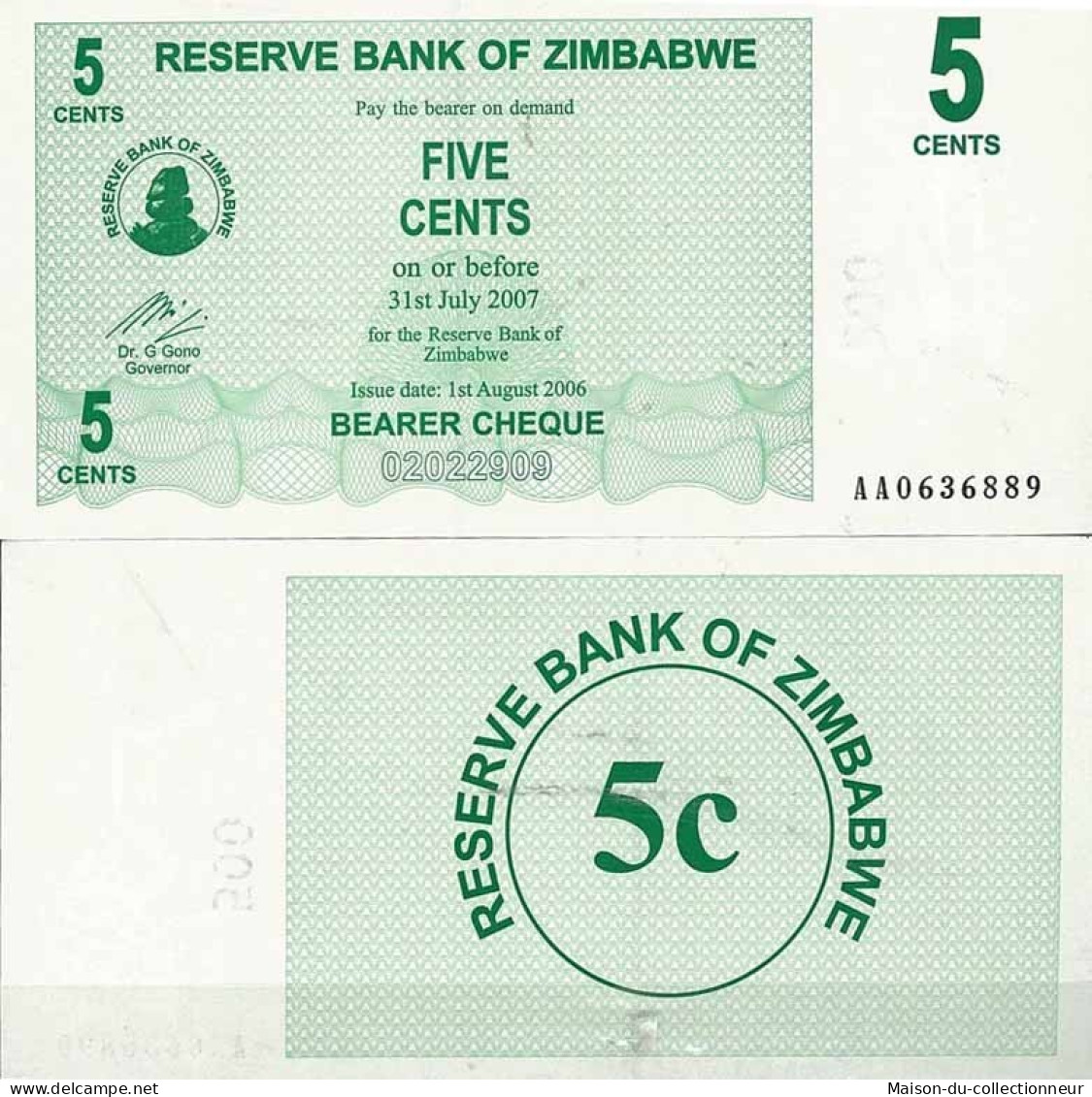 Billets De Collection Zimbabwe Pk N° 34 - 5 Cents Bearer - Simbabwe