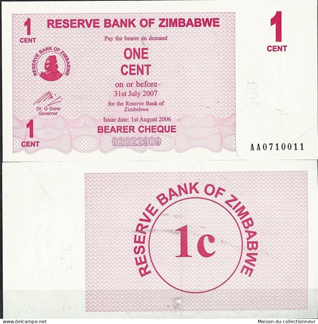 Billets De Collection Zimbabwe Pk N° 33 - 1 Cent Bearer - Zimbabwe