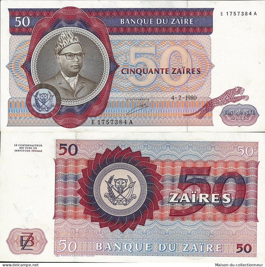 Billets De Collection Zaire Pk N° 25 - 50 Zaires - Zaïre