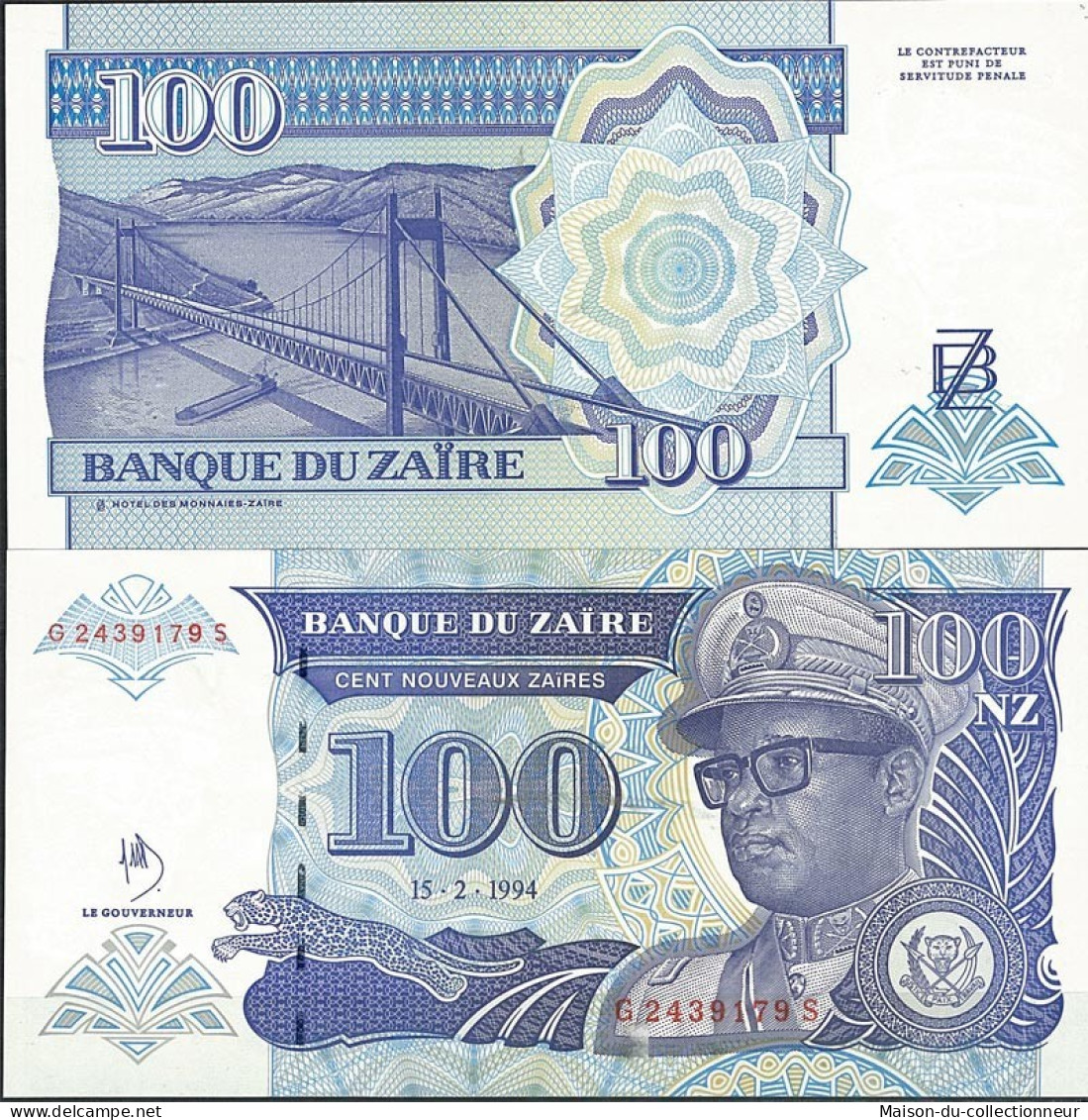 Billets De Collection Zaire Pk N° 60 - 100 Nouveaux Zaires - Zaïre