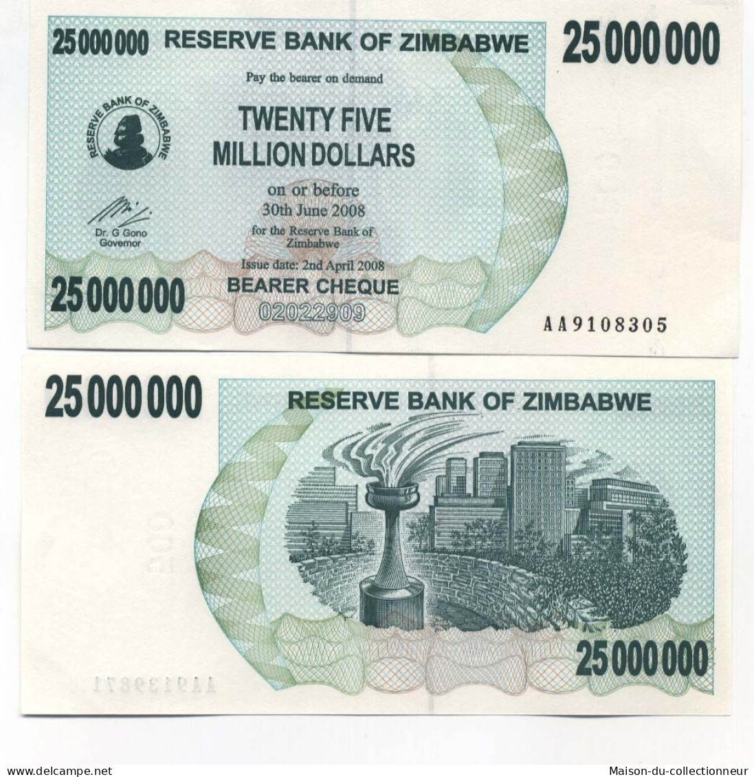 Billet De Banque Zimbabwe Pk N° 56 - 25000000 Dollars Bearer - Simbabwe