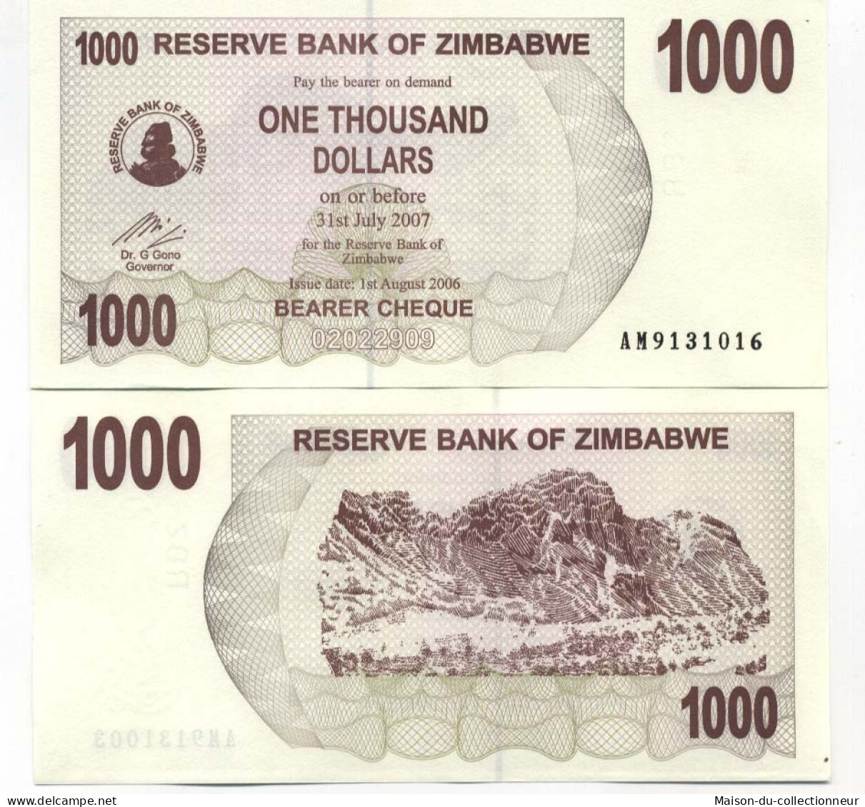 Billets Banque Zimbabwe Pk N° 44 - 1000 Dollars Bearer - Simbabwe