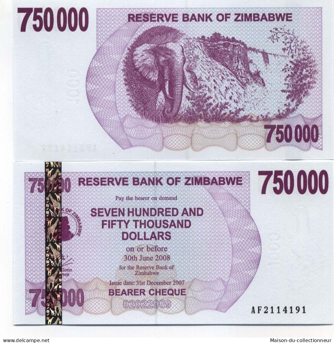 Billet De Banque Zimbabwe Pk N° 52 - 750000 Dollars Bearer - Zimbabwe