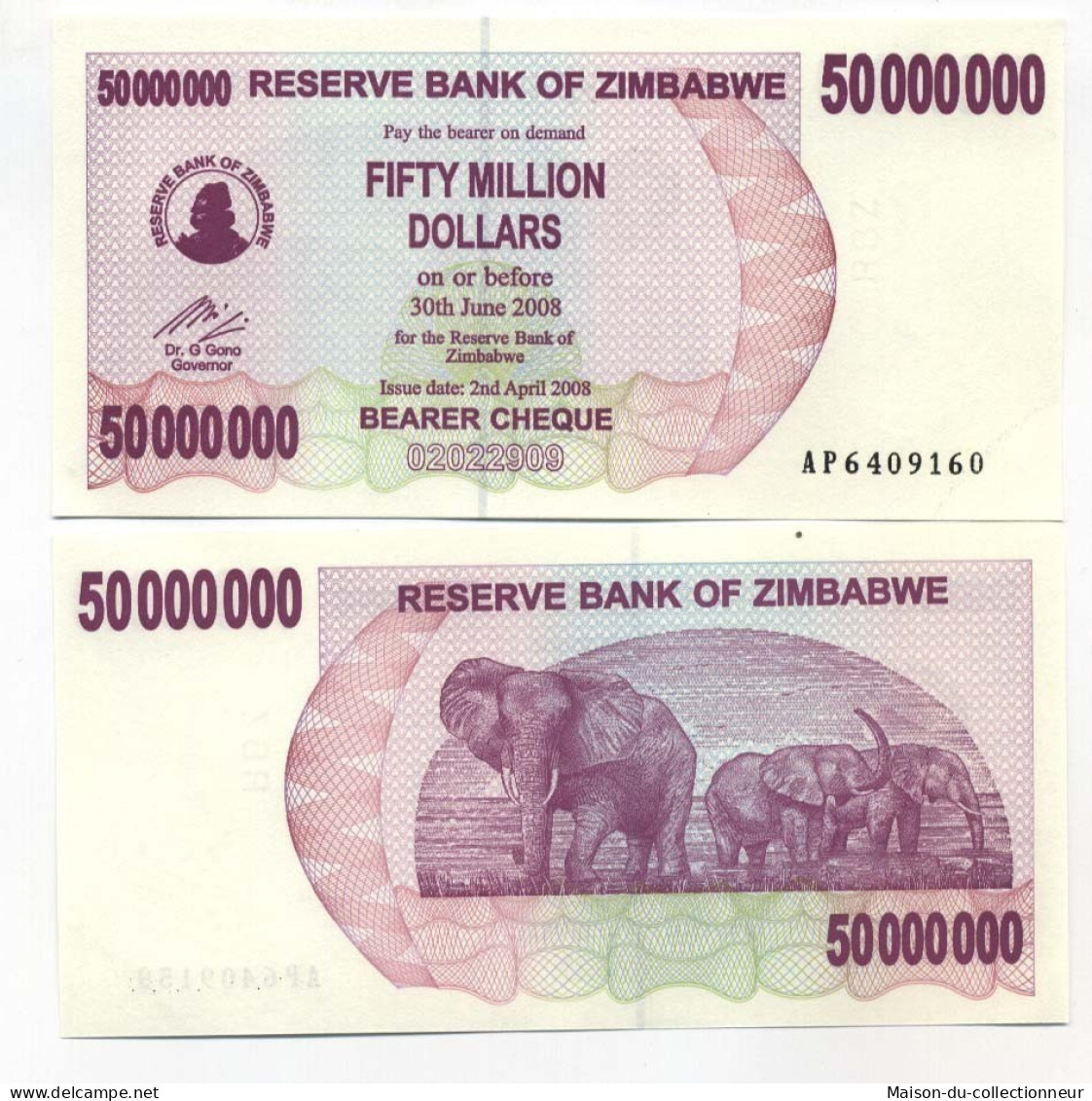 Billets Collection Zimbabwe Pk N° 57 - 50000000 Dollars Bearer - Simbabwe