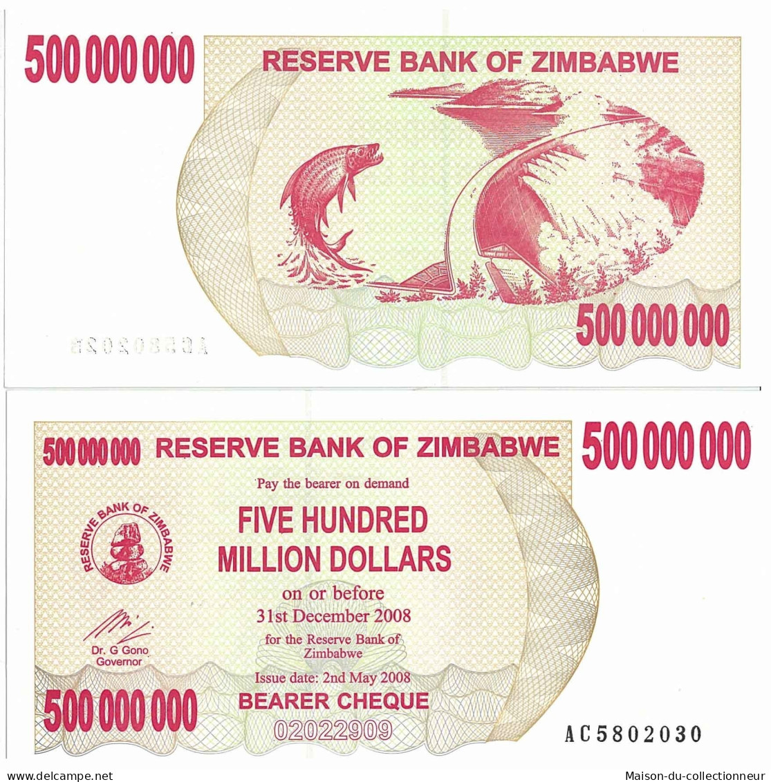 Billets Banque Zimbabwe Pk N° 51 - 500000000 Dollars Bearer - Zimbabwe