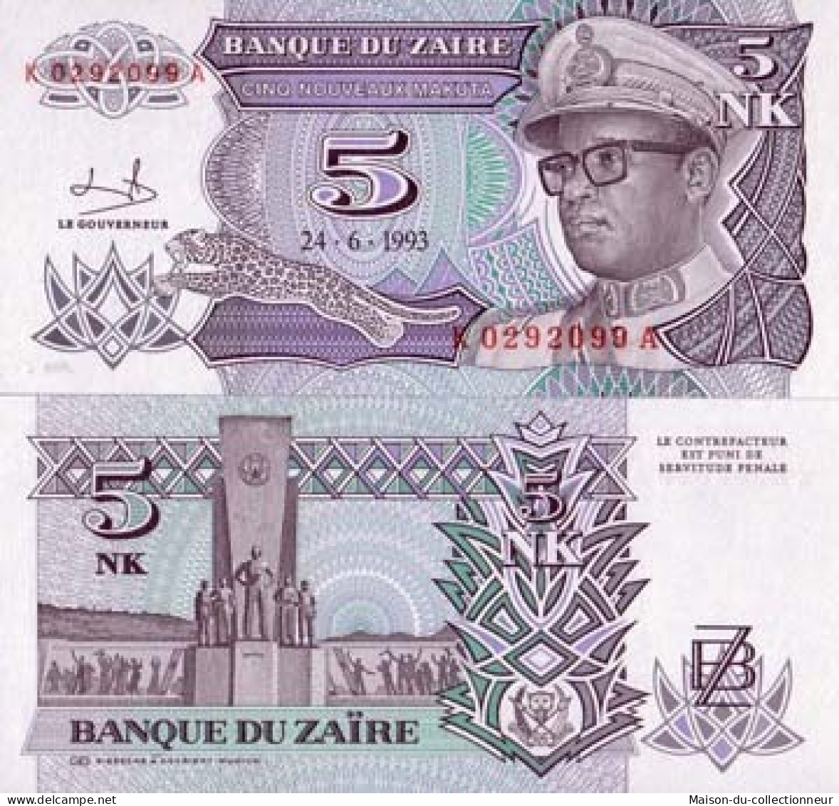 Billets Collection Zaire Pk N° 48 - 5 Nouveaux Makuta - Zaire