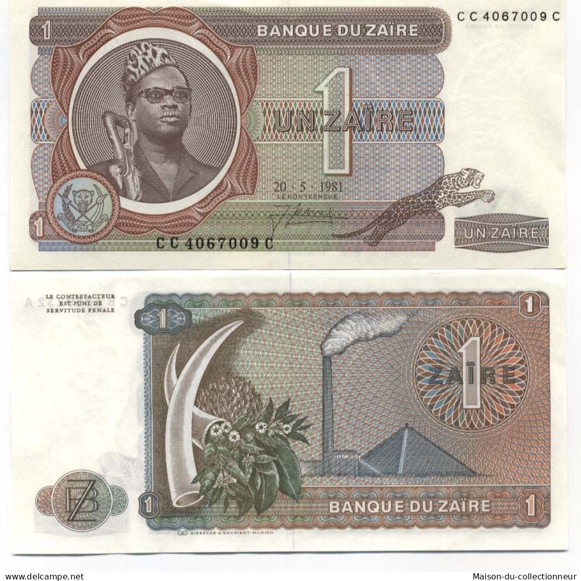 Billet De Collection Zaire Pk N° 19 - 1 Zaires - Zaïre