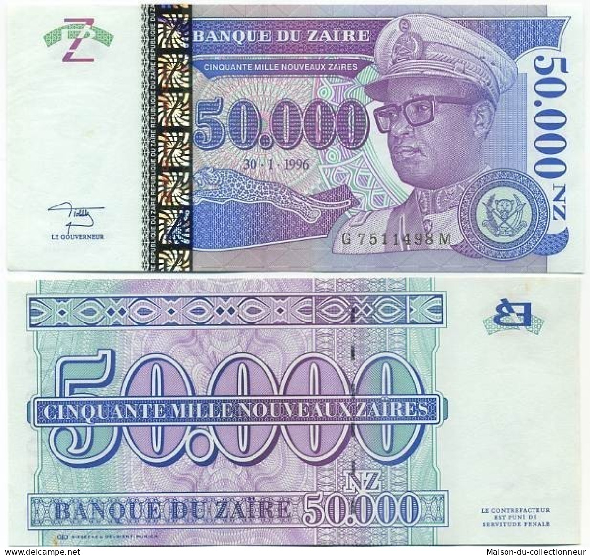 Billet De Collection Zaire Pk N° 75 - 50000 Nouveaux Zaires - Zaïre