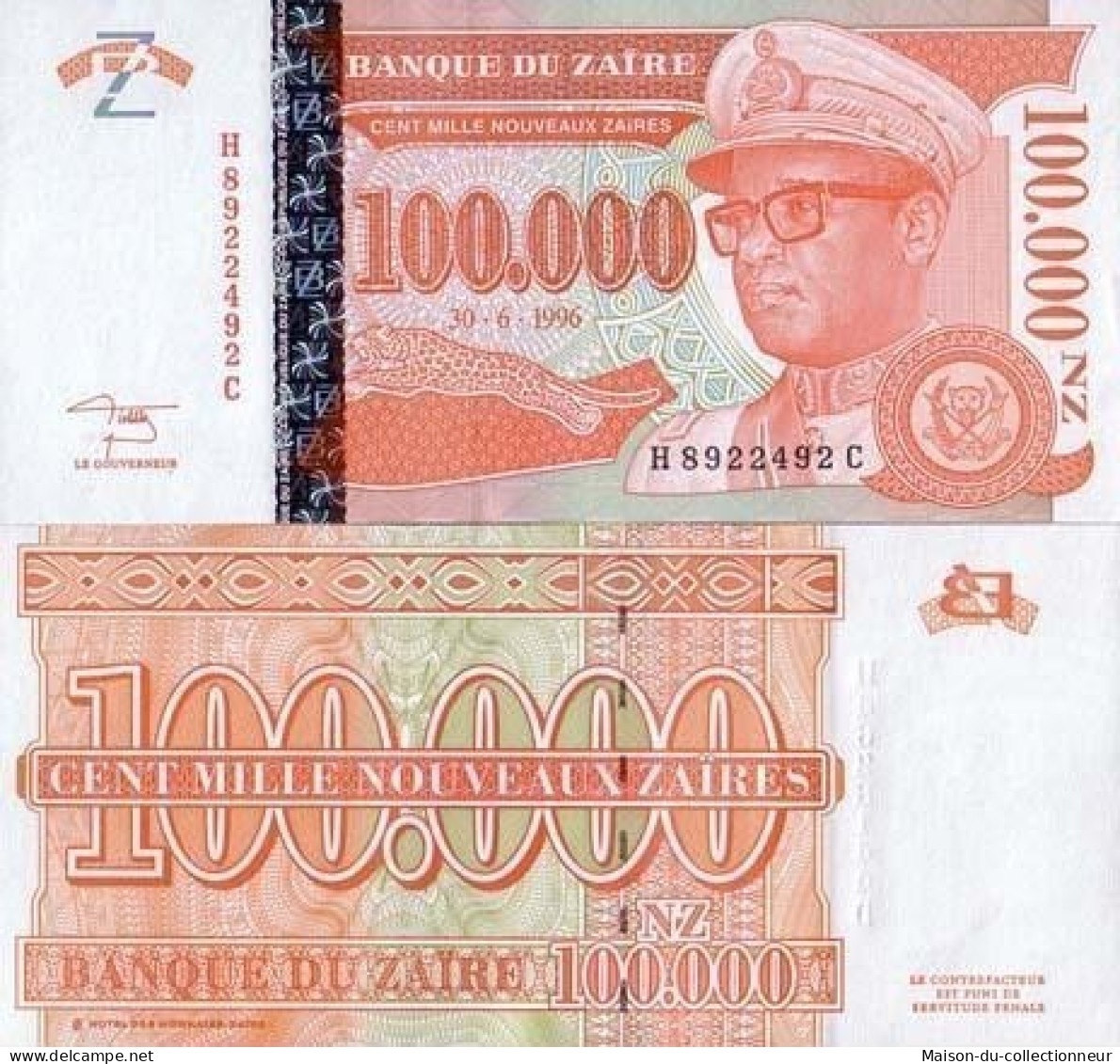 Billets Banque Zaire Pk N° 76 - 100000 Nouveaux Zaires - Zaïre