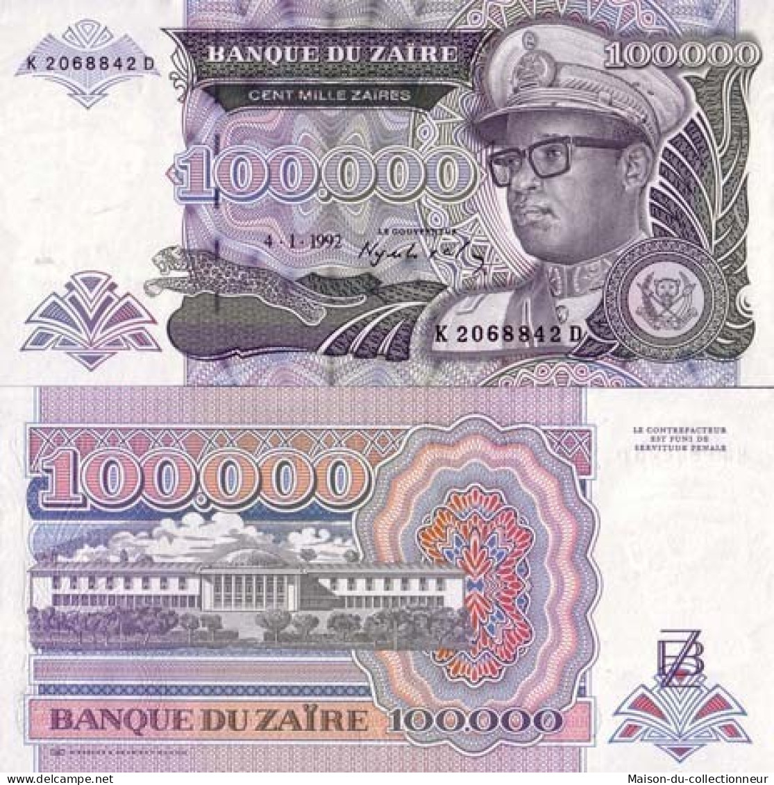 Billets De Banque Zaire Pk N° 41 - 100000 Zaires - Zaïre