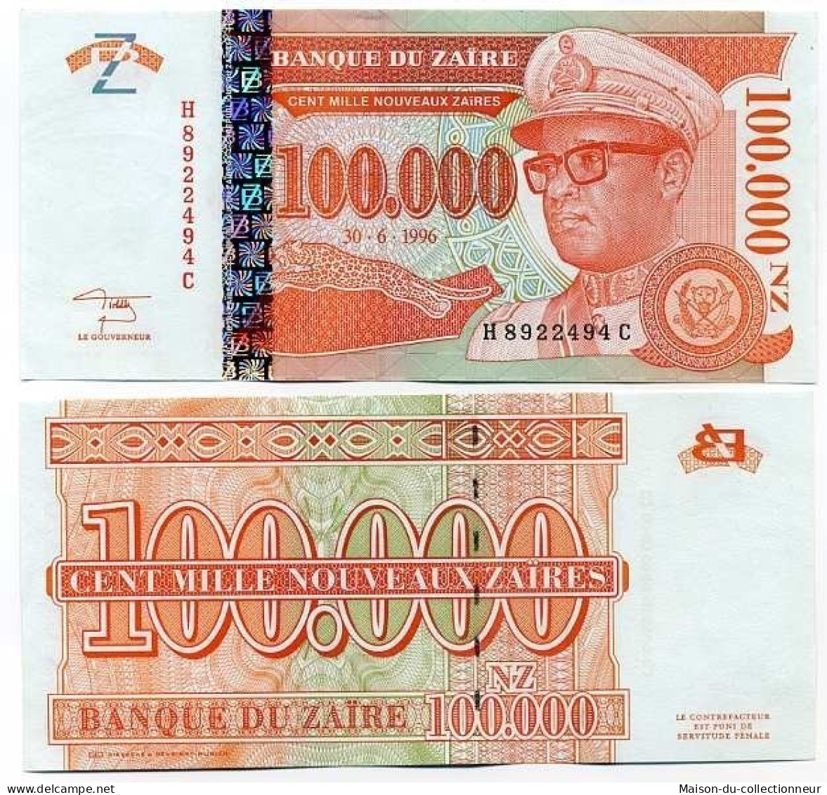 Billets Banque Zaire Pk N° 77 - 100 000 Zaires - Zaïre