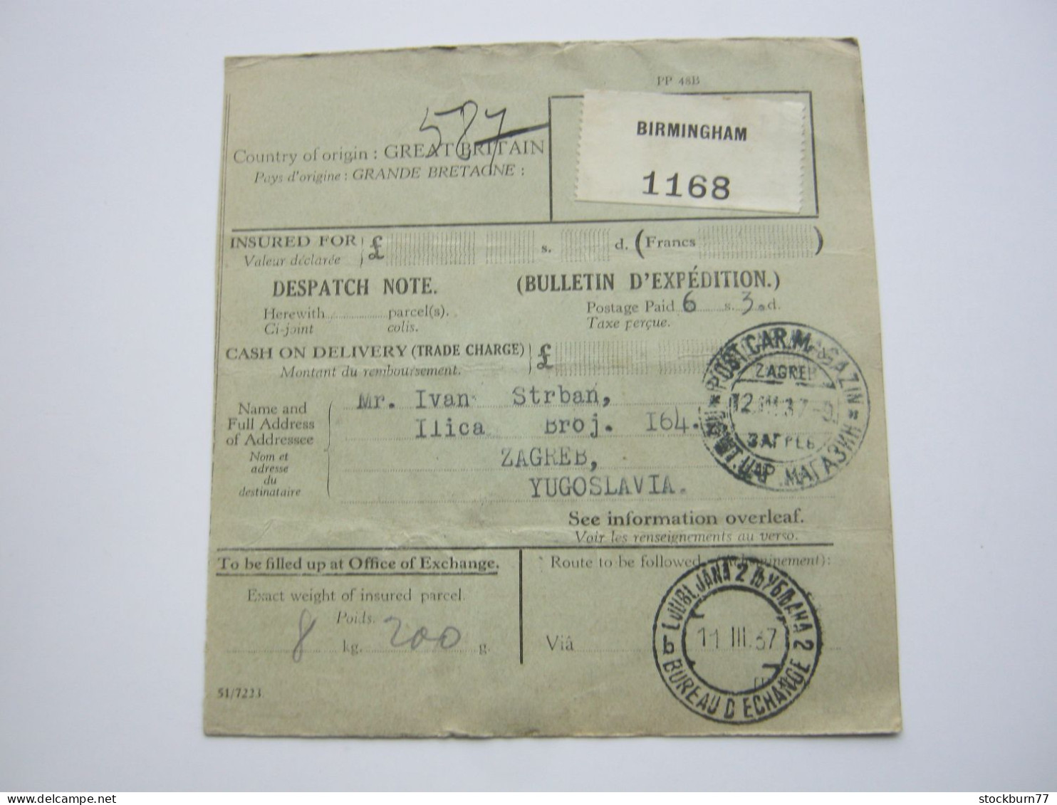 1937, Paketkarte Aus Birmingham Nach Jugoslawien Nachporto , Taxe - Lettres & Documents