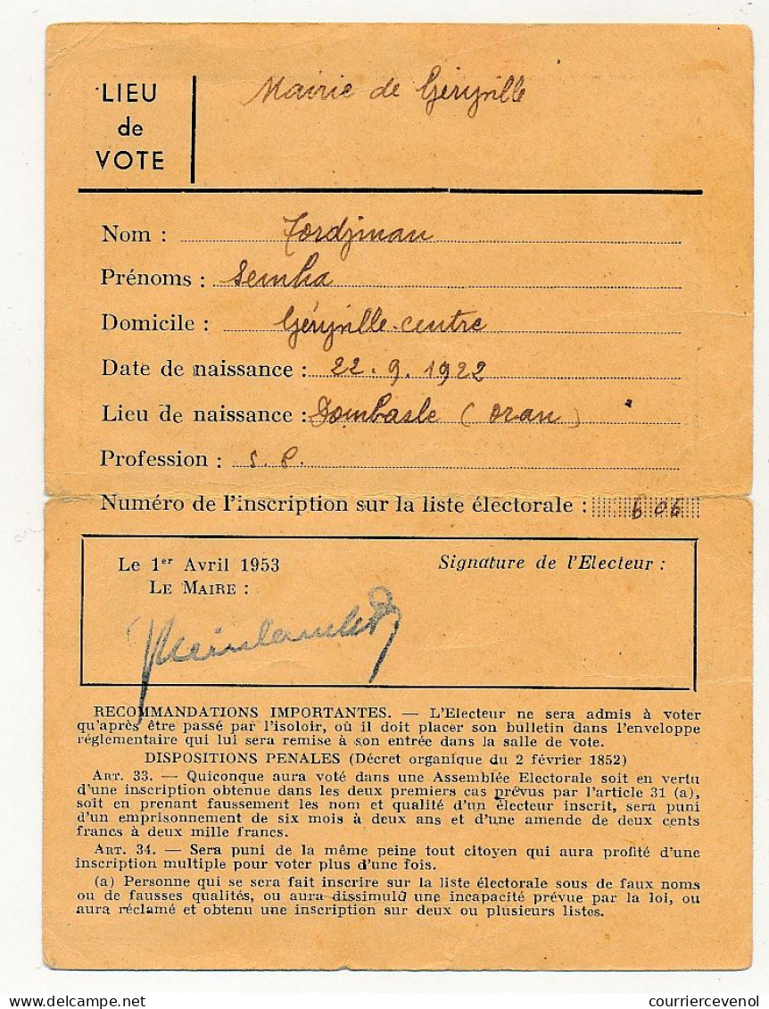 FRANCE / ALGERIE - Carte D'électeur 1953 Gouvernement Général De L'Algérie - Département D'Oran - Documents Historiques