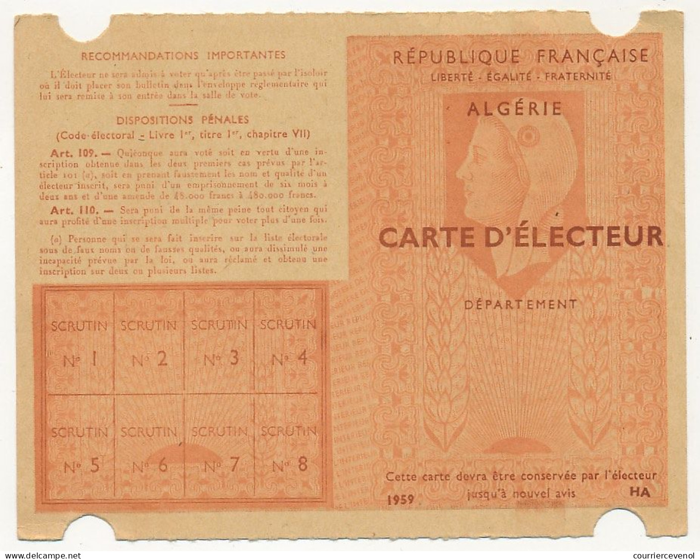 FRANCE / ALGERIE - Carte D'électeur 1959 Algérie - Ville D'Alger - Documents Historiques