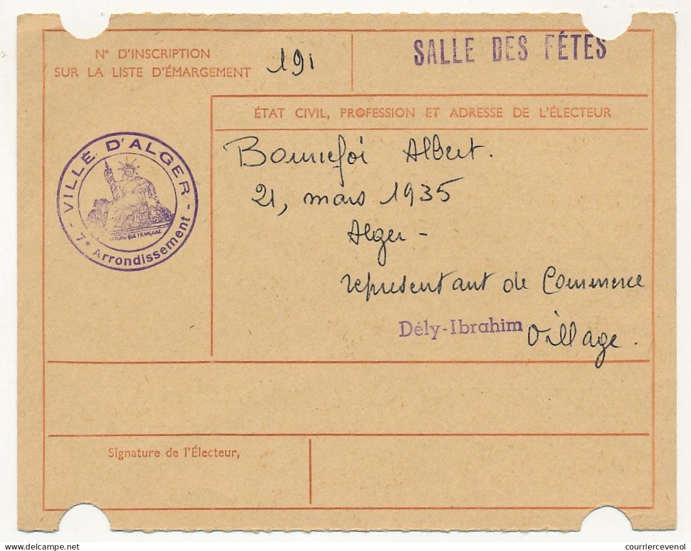 FRANCE / ALGERIE - Carte D'électeur 1959 Algérie - Ville D'Alger - Documents Historiques