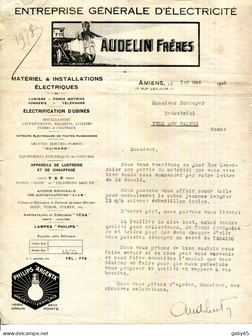 FACTURE.80.AMIENS.ENTREPRISE GÉNÉRALE D'ÉLECTRICITÉ.AUDELIN FRERES 17 RUE LESUEUR. - Elektriciteit En Gas