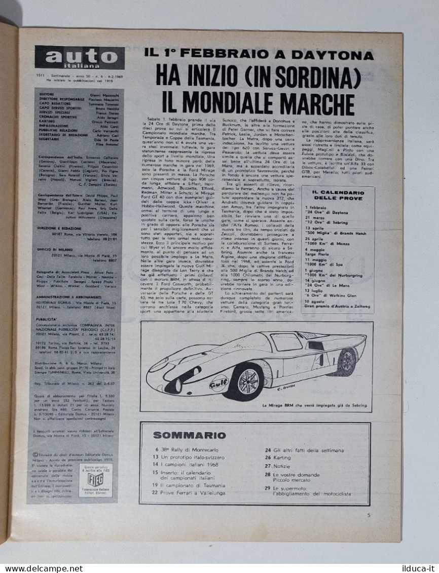 50371 Auto Italiana A. 50 Nr 6 1969 - Montecarlo - Porsche - Calendario 1969 - Motores