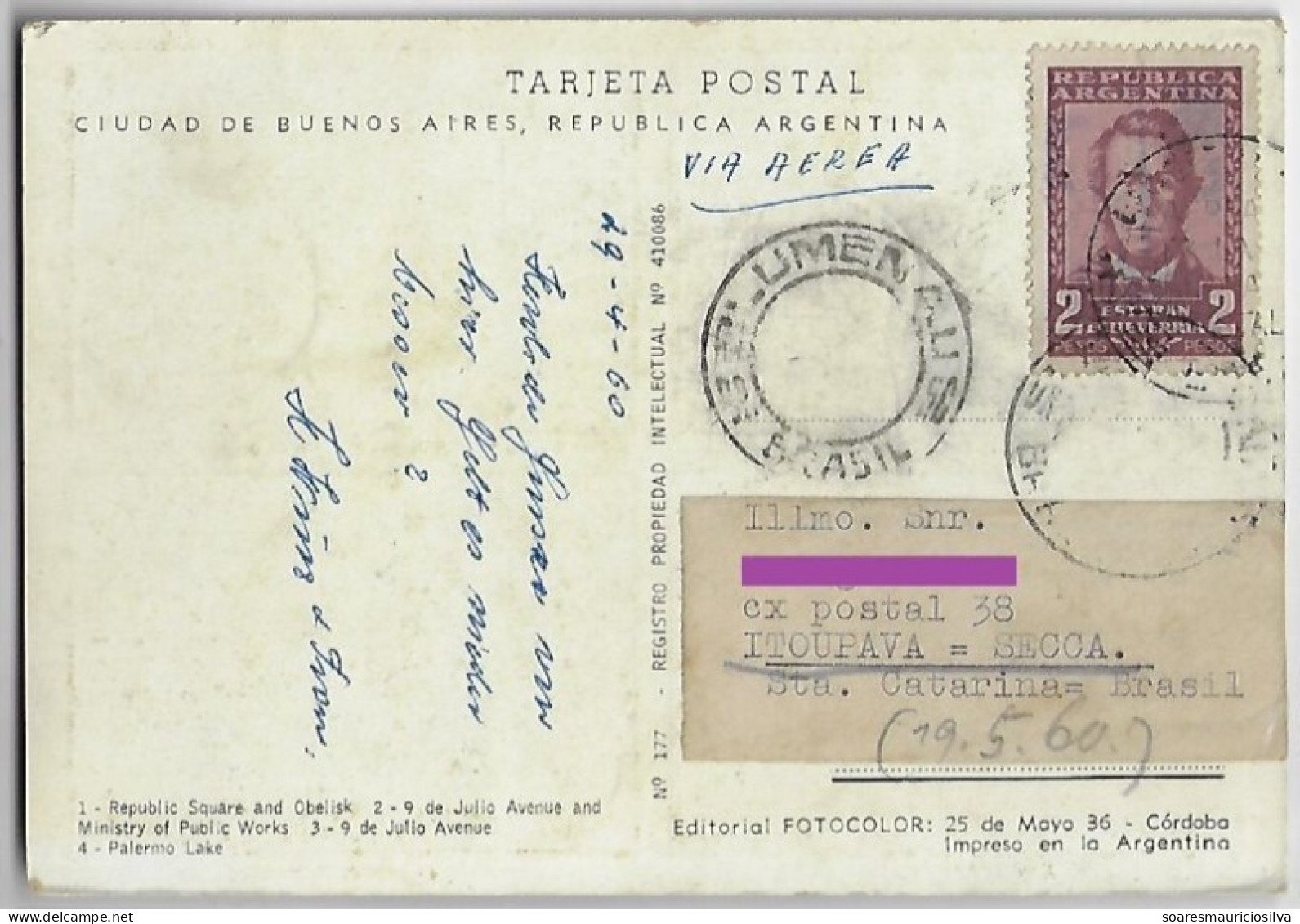 Argentina 1960 Postcard Photo Buenos Aires Sent To Blumenau Brazil Stamp Writer Esteban Echeverría - Covers & Documents