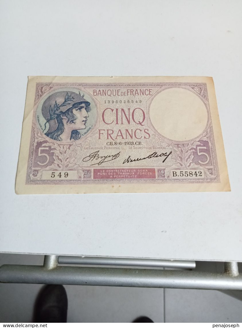 Billet De 5 Francs 1933 Femme Casquée En SUP - 5 F 1917-1940 ''Violet''