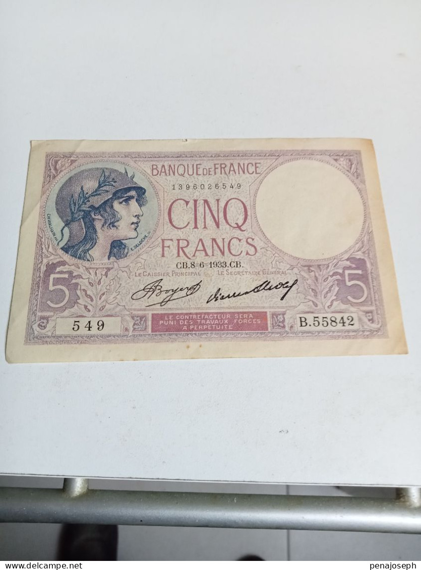 Billet De 5 Francs 1933 Femme Casquée En SUP - 5 F 1917-1940 ''Violet''